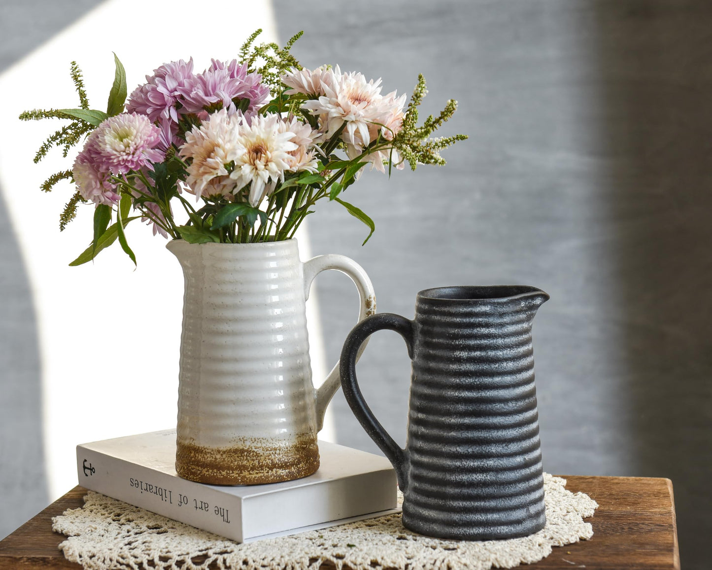 Quoowiit Ceramic Rustic Vase with Handle, White Distressed Decorative Farmhouse Pitcher Vase for Home Decor Living Room Bedroom Kitchen Office Shelf Decor Centerpiece Table Decoration