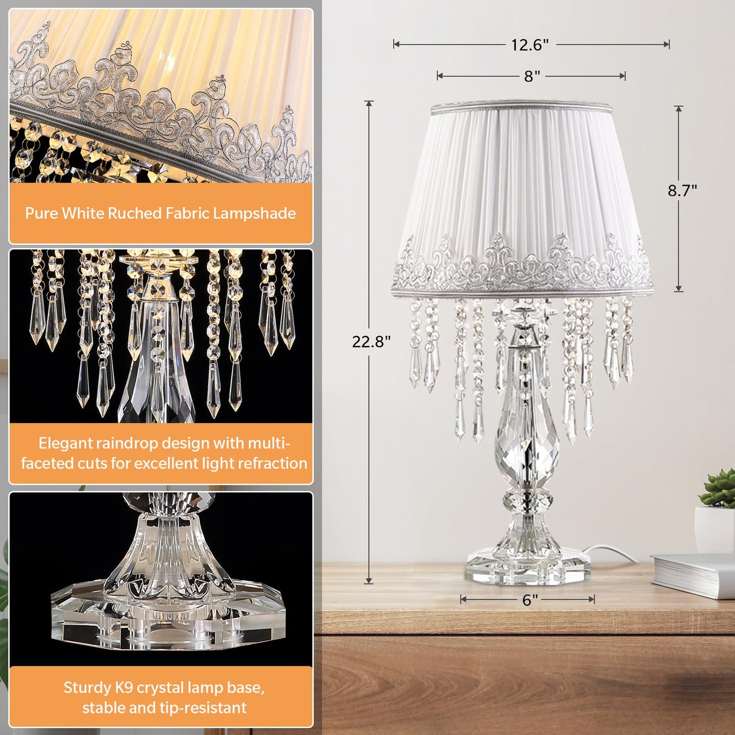MOOONICHE Crystal Bedside Table Lamp, Dimmable Table Lamp Set of 2 with Ruched Fabric Lampshade, Elegant Plug-in Chandelier Nightstand Lamp for Living Room Girls Room, W 12.6" X H 22.8"