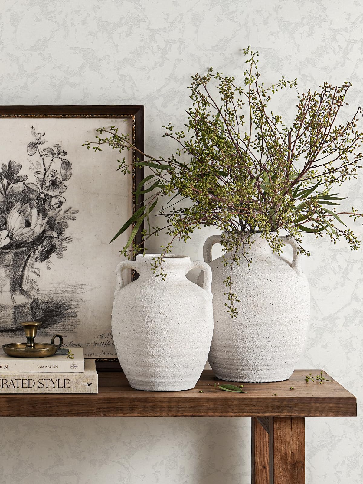 White Ceramic Vase with Handles, 9.5" Large Farmhouse Flower Vase - Rustic Centerpiece for Living Room, Bookshelf, Mantel, Entryway, Table & Wedding Home Decor (Rock Sand White)