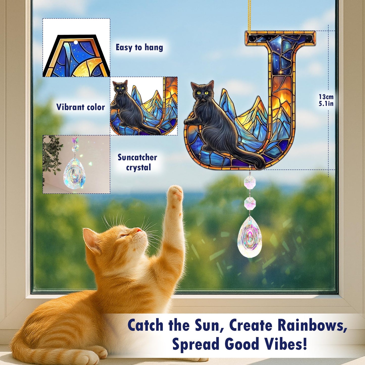 Suncatchers for Windows Hanging, Cat Starry Night Gifts for Women, Crystal Sun Catchers Indoor Window Rainbow Maker. Black Cat Lover Gifts for Women Personalized - Letter J