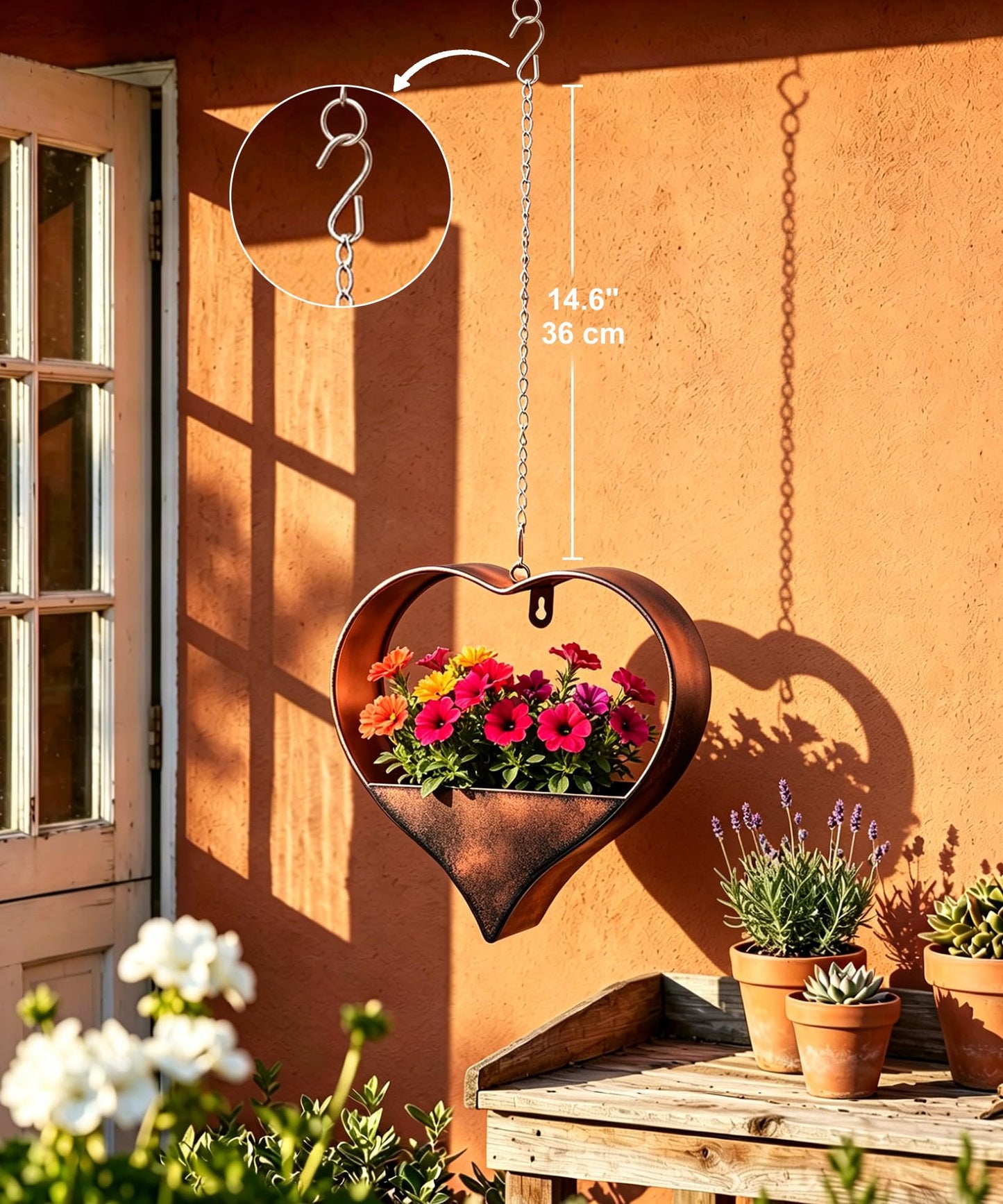 Philodwell Metal Plant Hangers Indoor and Outdoor:Birthday Gifts for Mom Women Her Wife Garden Lovers - Heart Shape Hanging Planters for Window Wall Living Room Office Decor(Rustic)