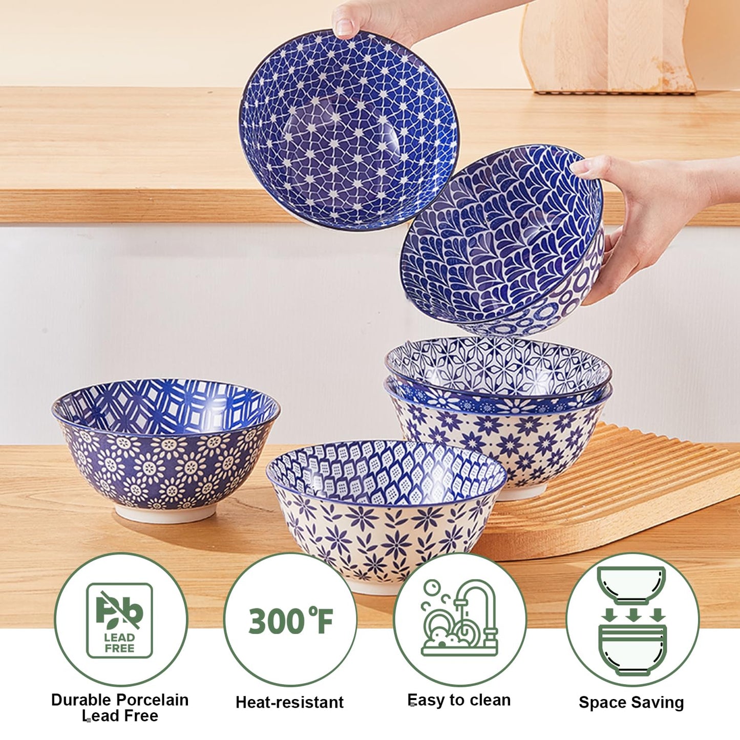 AntoKueh 6 inches Blue and White Ceramic Bowls, 23Oz Deep Cereal Porcelain Bowls set of 6, Large Soup Bowls for Salad, Fruit, Vintage, Party Tableware