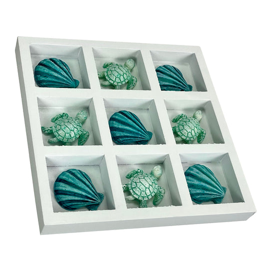 Coastal Shell and Sea Turtle Decorative Sculpture – 7" White Wood Tic Tac Toe Table Accent with Resin Pieces, Beach House Nautical Coffee Table Centerpiece, Ocean Home Decor, Adult Display Art