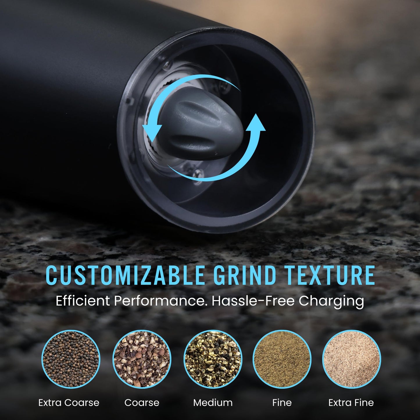 My Chef Tools - Electric Salt and Pepper Grinder Set - Rechargeable Automatic Salt Pepper Mill - USB C Charging - LED Light Illumination - Adjustable Coarseness - 2 Pack Black