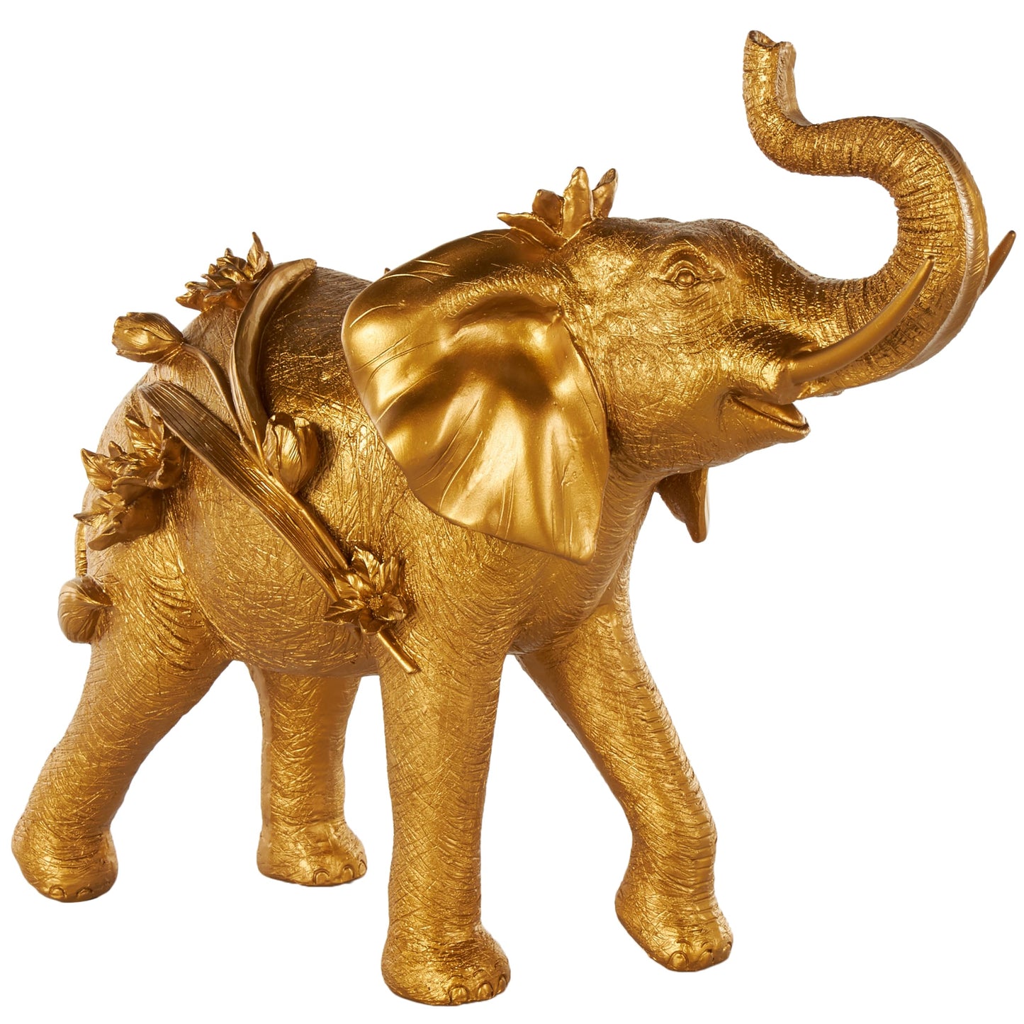 Deco 79 Resin Elephant Walking Sculpture with Floral Accents, 22" x 9" x 19", Gold