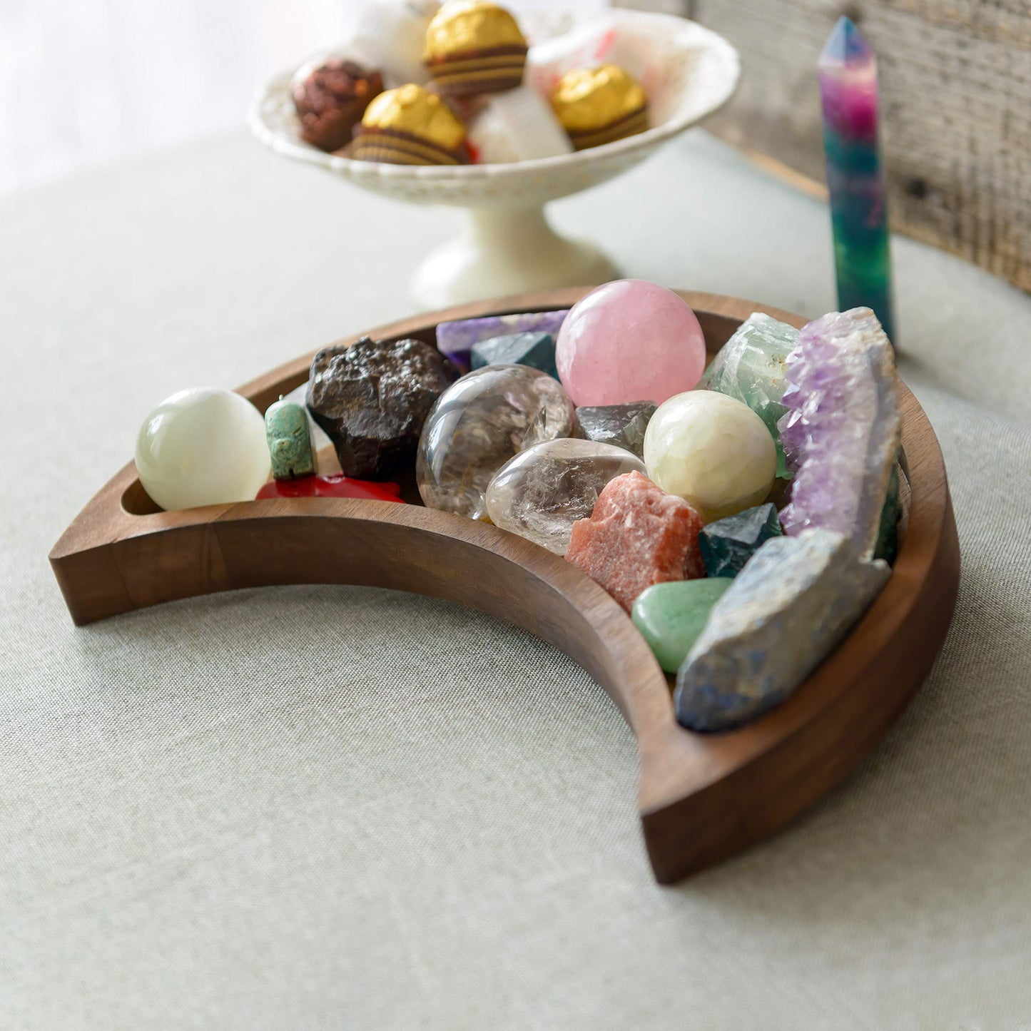 Curawood Crescent Moon Tray - Showcase Your Gems, Healing Stones & Treasures - 10x5 Wooden Crystal Display Tray, Crystal Holder for Stones Display Shelf, Gemstone Rock Holder Charging Bowl, Walnut, L