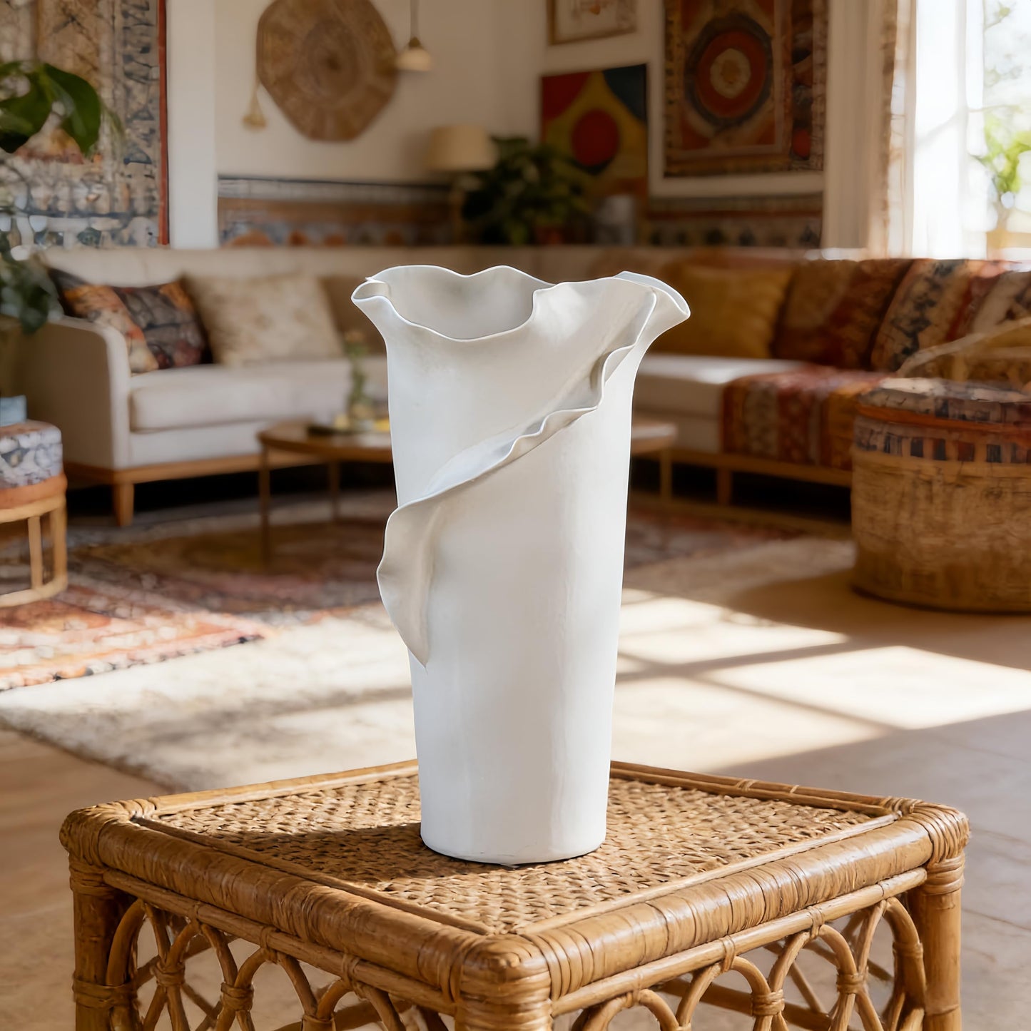 Abstract Irregular Ceramic Vase, White Irregular Pottery Vase, Handmade Decorative Minimalist Flower Vases for Modern Home, Tabletop, Shelf & Office