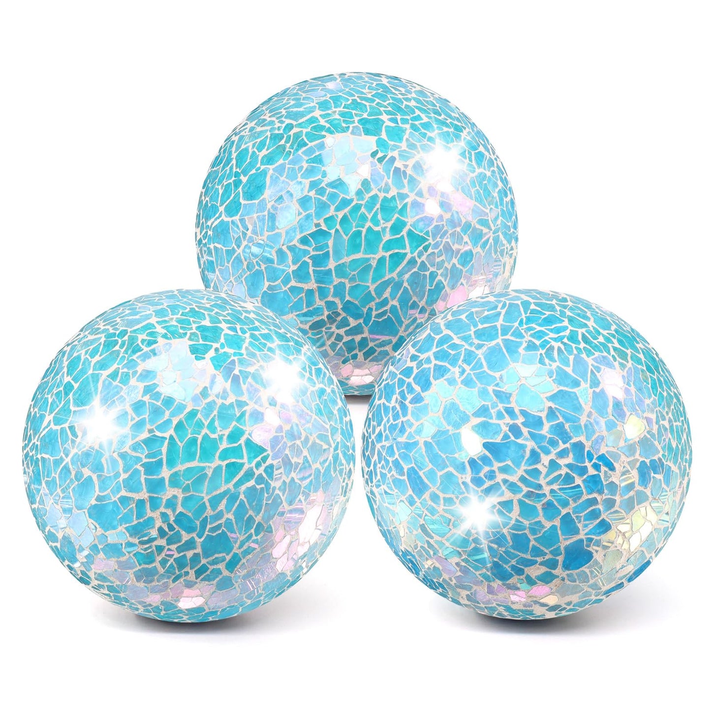 ginojex 3Pcs Mosaic Glass Orbs Decorative Balls Set 8.5cm/3.35inch Blue Sphere Wedding Party Home Decor Table Centerpiece
