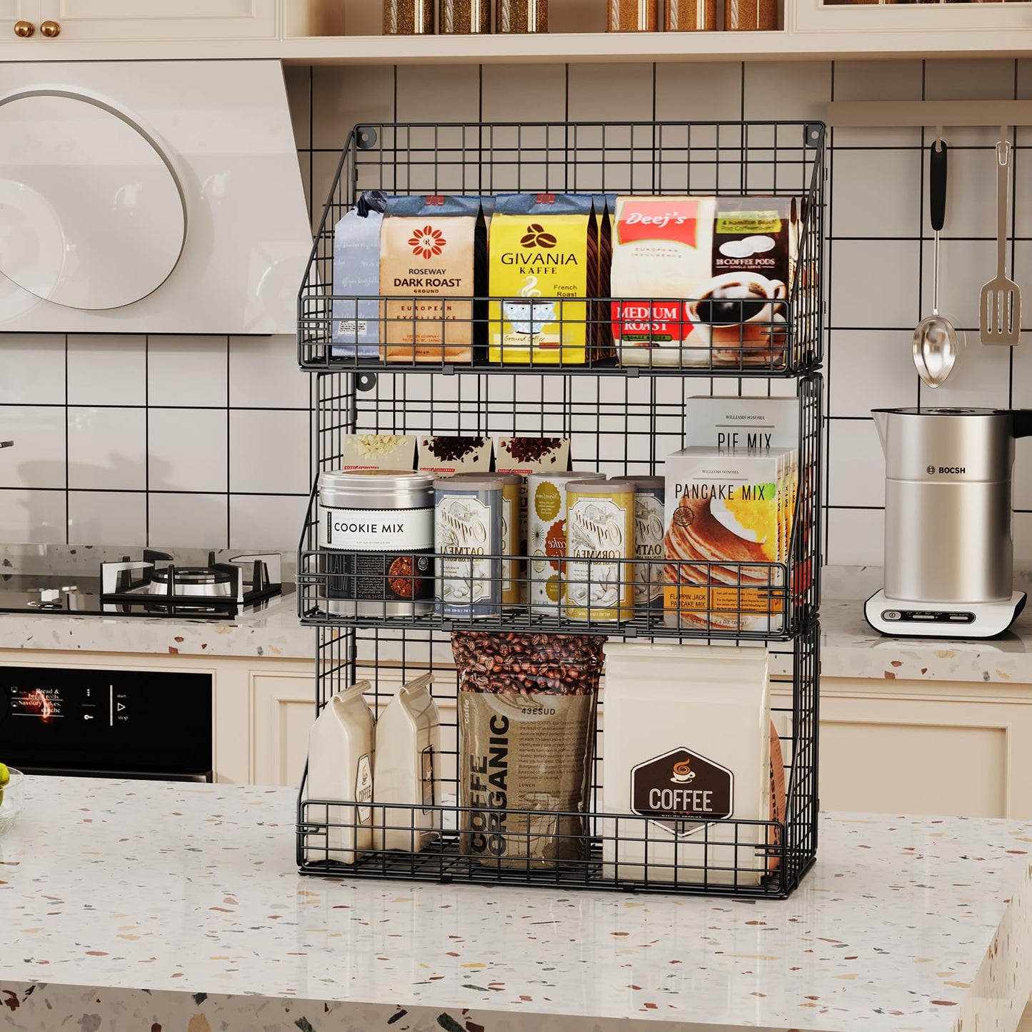 X-cosrack 3-Tier Stackable Detachable Snack Organizer (Large Size), Countertop Display/Wall Mounted Shelf with 5 Hooks Wire Basket Snack Shelf for Office Cabinets, Kitchen, Pantry, 11.8x7.8x22 Inch