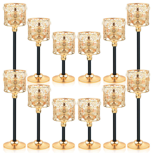 Kehail Set of 12 Floral-Carved Crystal & Metal Tealight Candelabras Bulk- Elegant Gold & Black Wedding Centerpiece, Dining Table Decor, Votive Candle Holders