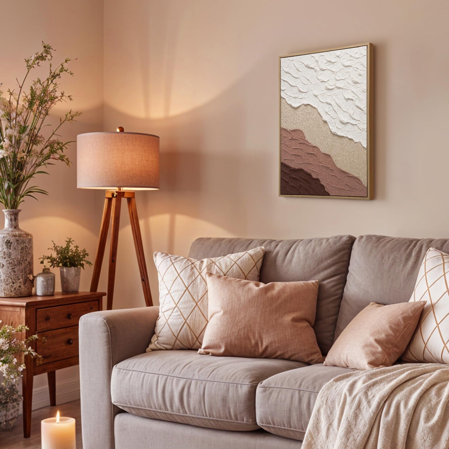 ArtbyHannah Framed Textured Wall Art, 16x 24 Inch Hand-painted 3D Neutral Paintings Modern Abstract Ocean Wave Beach Sandstone Minimalist Artwork Decor for Hallway, Living Room Office, Hotel Decorations