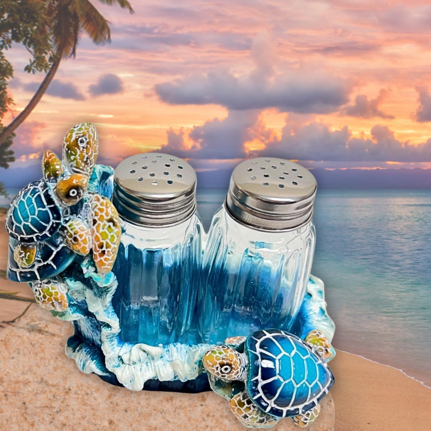 Nautical Sea Turtle Salt and Pepper Shakers Set with Holder for Beach House Interior Style - Coastal Living Room Accents, and Marine Life Theme Decorative Shakers Set