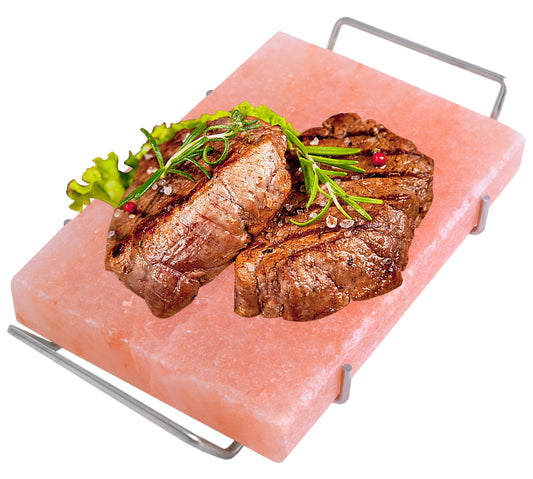 Spantik Professional Salt Block Set with Steel Tray 12" x 8" x 1.5" Himalayan Cooking Plate for Grilling, Cooking, Serving, 100% Pure Natural Food Grade Salt Stone Unique Gifts for Barbecue Smoker