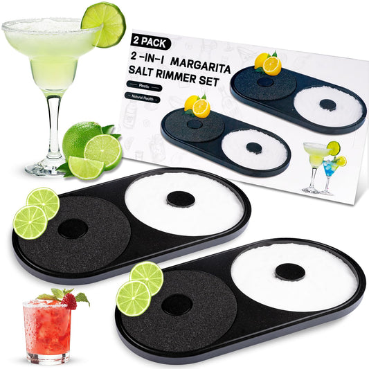 Margarita Salt Rimmer Set, 2 Pack Bar Salt and Sugar Rimmer with Sponge, 2-in-1 Bar Glass Cocktail Rim Set, Dishwasher Safe Black Barware Tools for Margarita Mojitos (Black)