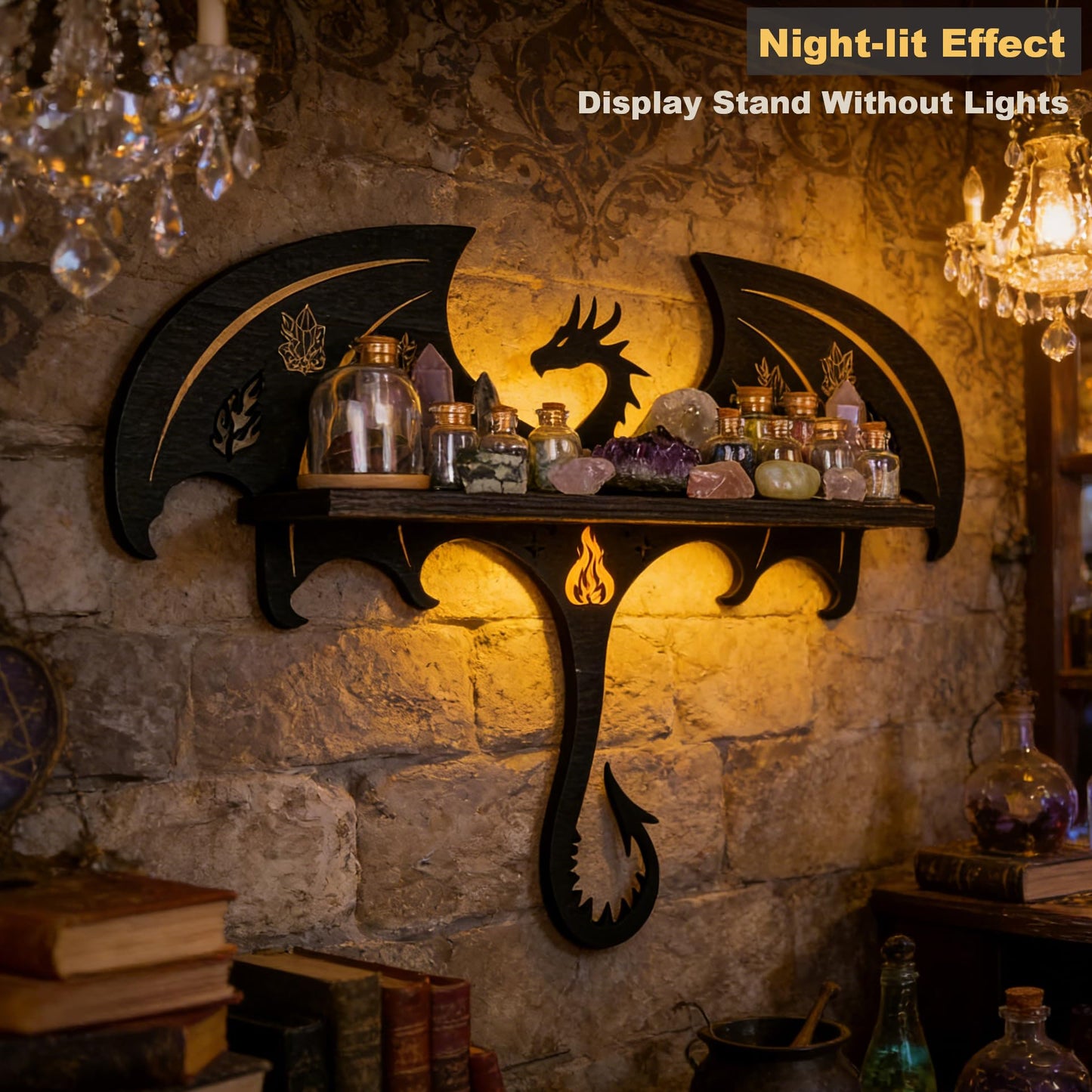 Rannyfol Witchy Gothic Crystal Display Shelf for Dragon Wall Decor, Wooden Dragon Knick Knack Shelf for Glass Rock Trinket Display, Floating Shelf (Dragon, 15.8 Inches)