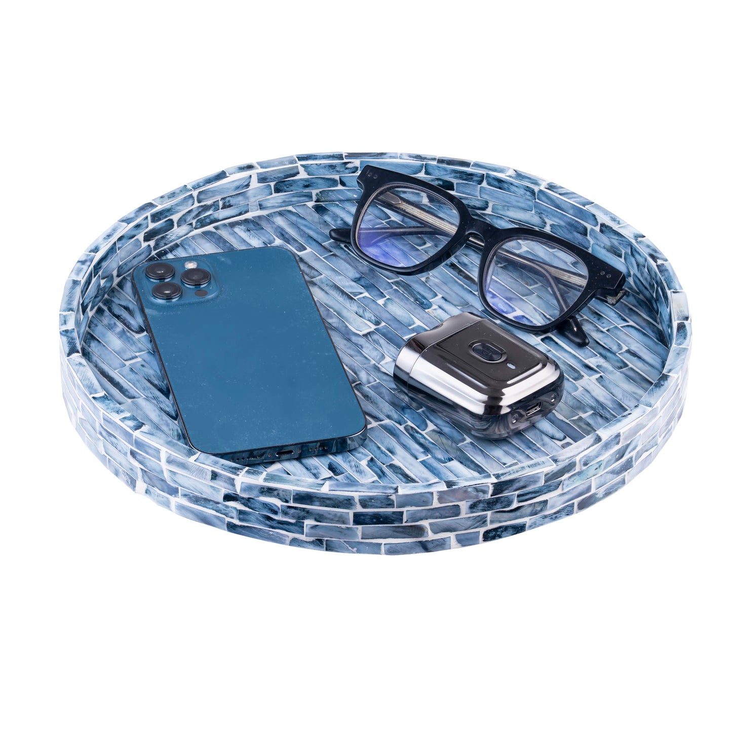 PEMAR Mother of Pearl Decorative Round Tray, 11-Inch Handmade Mosaic Inlay Vanity Tray for Dresser, Coffee Table & Bathroom Decor - Luxury Small Serving Tray for Jewelry, Perfume & Candles (Dark Blue)