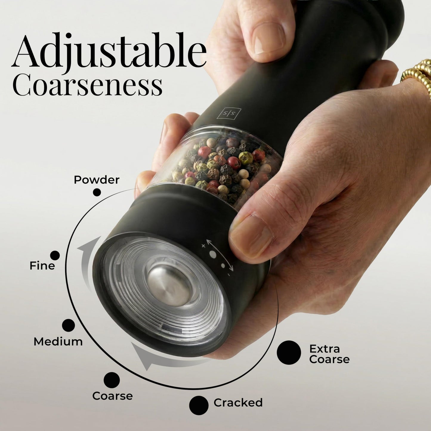 Electric Salt and Pepper Grinder Set - Styled Settings Electric Salt and Pepper Shakers, Automatic Stainless Steel Set with LED Light, Battery Operated, Adjustable Coarseness, Wood Base