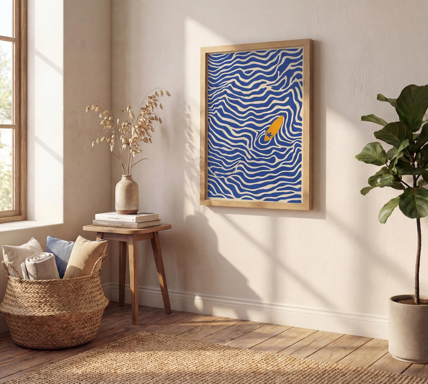 Framed Abstract Ocean Wave Wall Art 12x16 Coastal Wall Decor Picture Modern Minimalist Surfboard Print Beach Theme for Bathroom Bedroom Living Room Ready to Hang Natural Wood Frame