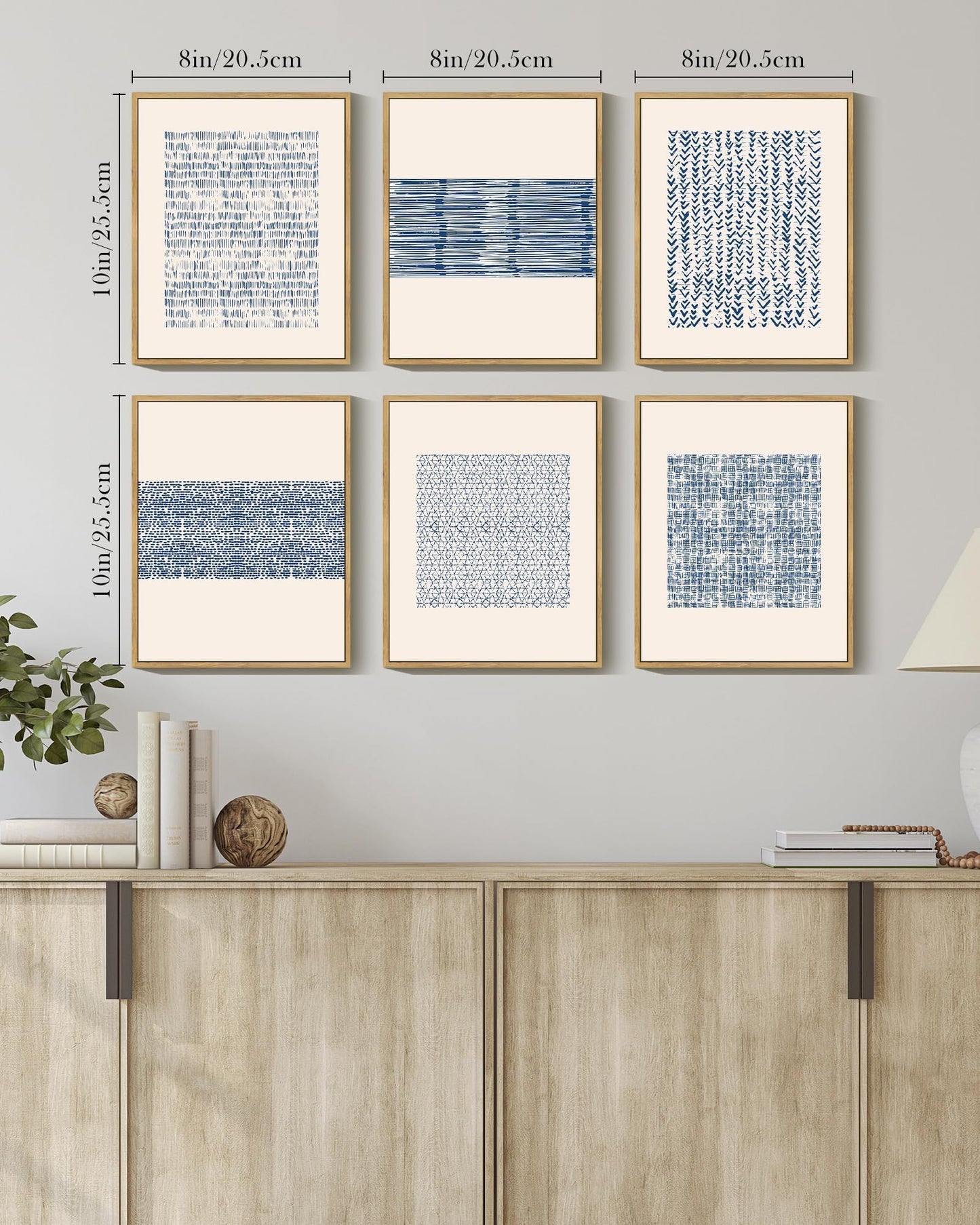 Drsoum Mid-century Boho Geometric Abstract Decor Blue White Grunge Minimalist Bohemian Wall Art Framed Canvas Prints 8"x 10"x 6pcs Natural Framed