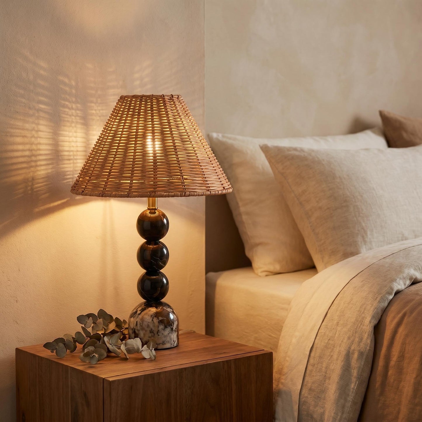 Calacatta Marble Stacked Ball Table Lamp - Hand-Woven Rattan Shade, 15" Stone Margot Artistic Vintage Lamp Luxury for Bedroom Living Room, Counter, Console, Entryway, Gift (Calacatta Viola Marble)