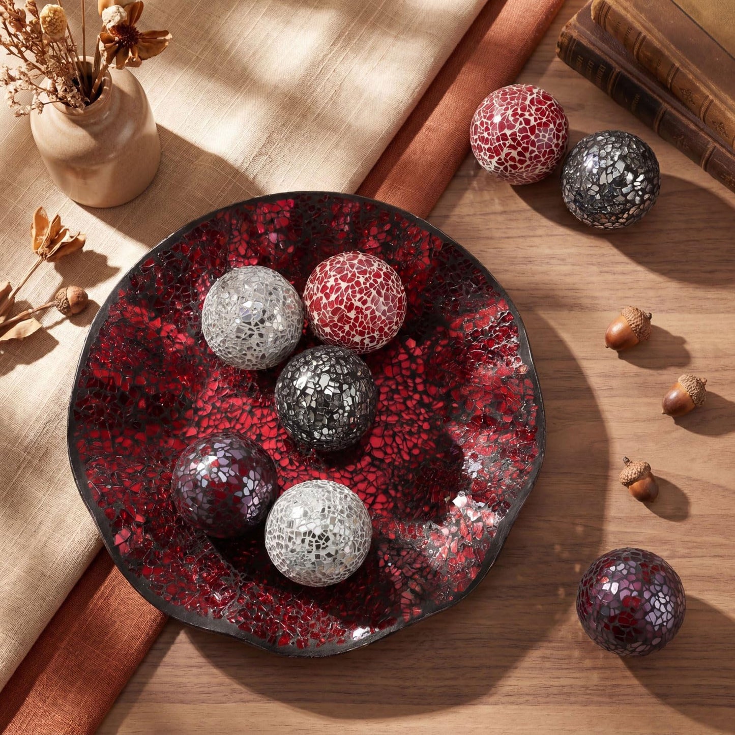 Suclain Centerpiece Bowl and Decorative Balls Set 8 Pcs Table Mosaic Plate with 2.4 Inch Glass Mosaic Orbs Glass Turquoise Tray and Spheres for Centerpiece Table Home Vases Decor (Red and Black)