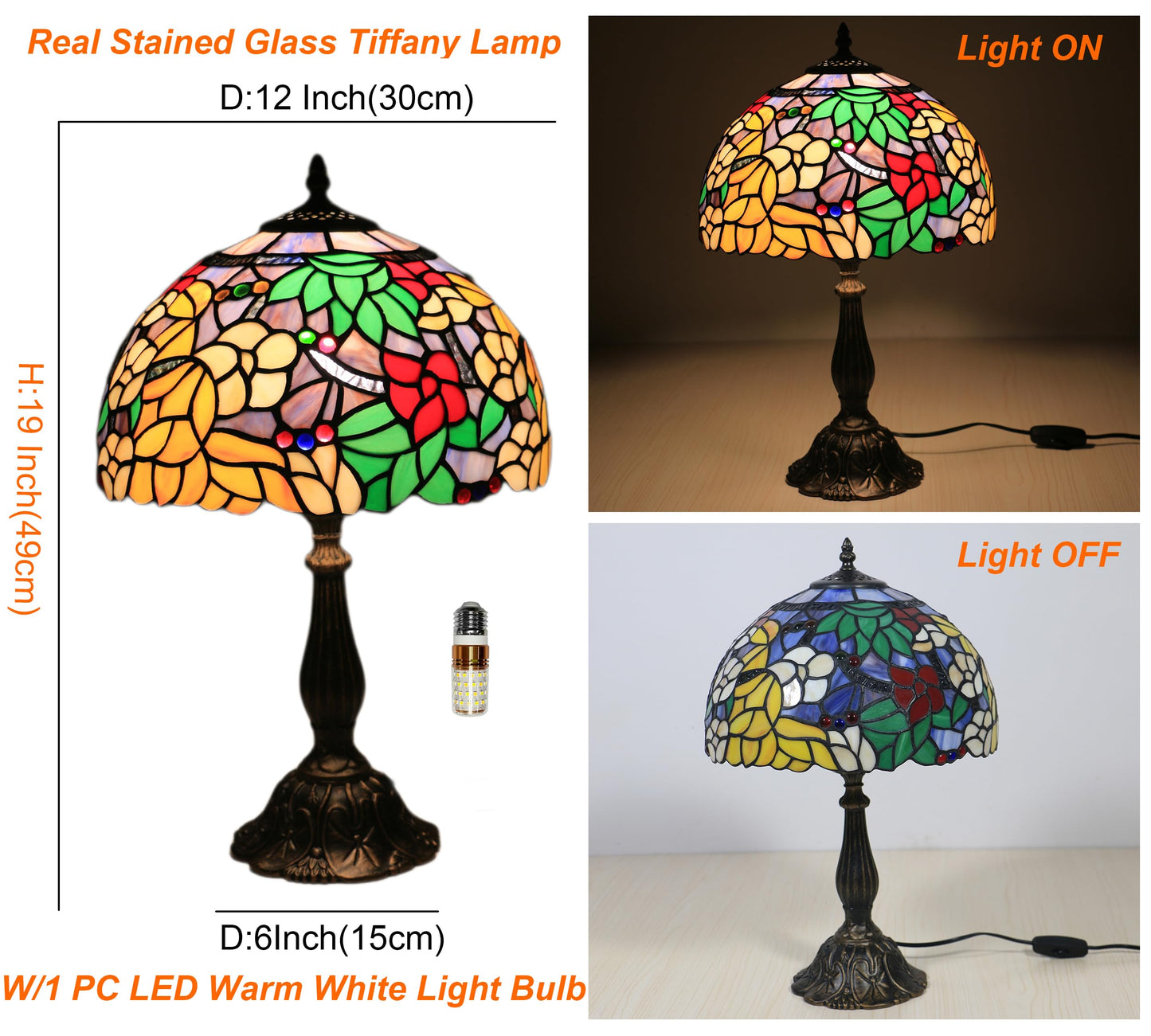 tuomoxte Tiffany Table Lamp for Living Room,Camellia Flower Stained Glass Lamp Shades for Bedside Nightstand Table LampsW/LED Bulb,12X12X19 Inch Tall Home Office Reading Dining Room Desk Lamps