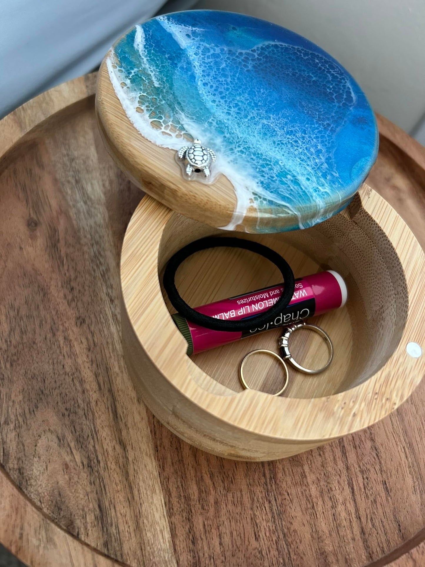 Ocean Resin Art Bamboo Salt Box, Salt Cellar, Bath Salt Container, Storage Box, Herb, Salt, Pepper, Sugar, Spices Storage Box with Magnetic Swivel Lid, Spoon and Turtle Charm