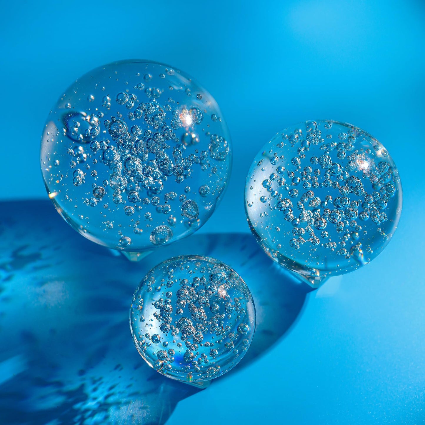 Crystal Ball Set of 3 K9 Bubble Glass Decorative Spheres with Stands