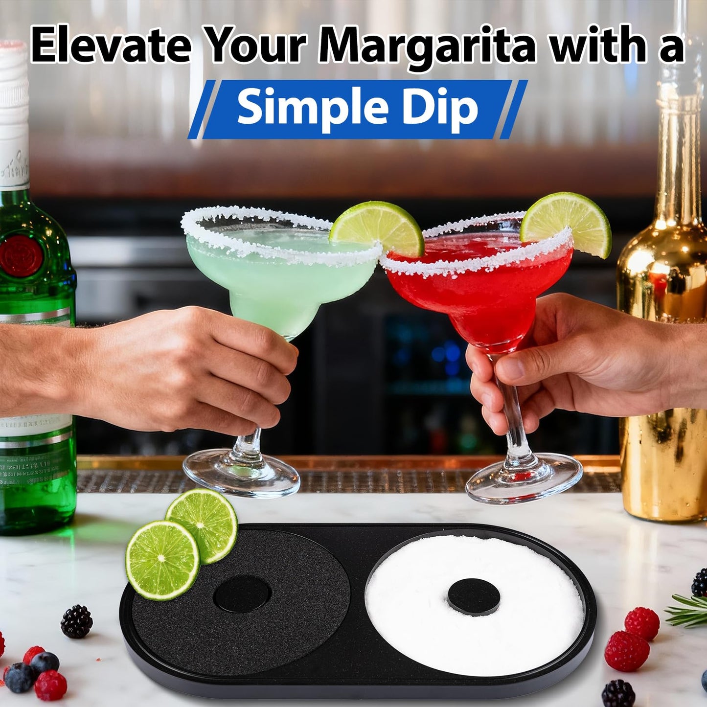 Margarita Salt Rimmer Set, 2 Pack Bar Salt and Sugar Rimmer with Sponge, 2-in-1 Bar Glass Cocktail Rim Set, Dishwasher Safe Black Barware Tools for Margarita Mojitos (Black)
