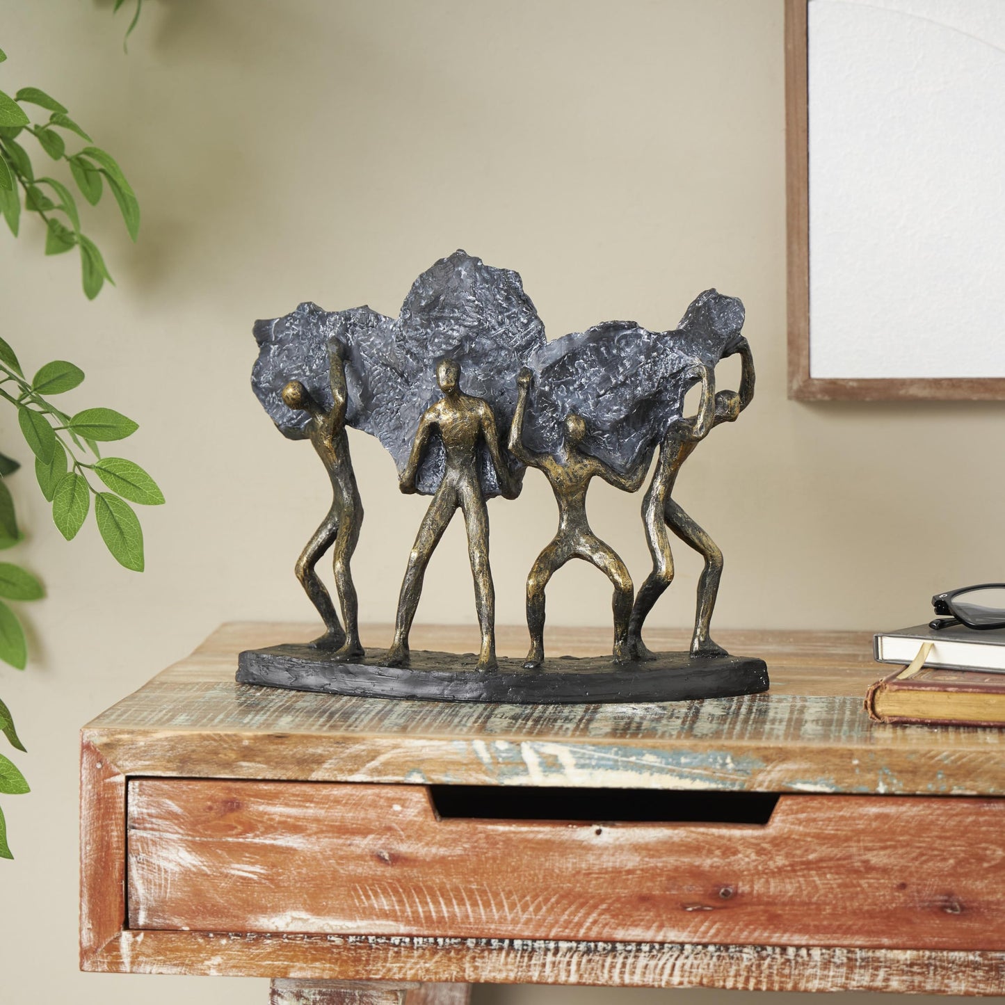 Deco 79 Polystone People Decorative Sculpture Carrying Stone Home Decor Statue, Accent Figurine 13" x 5" x 11", Bronze