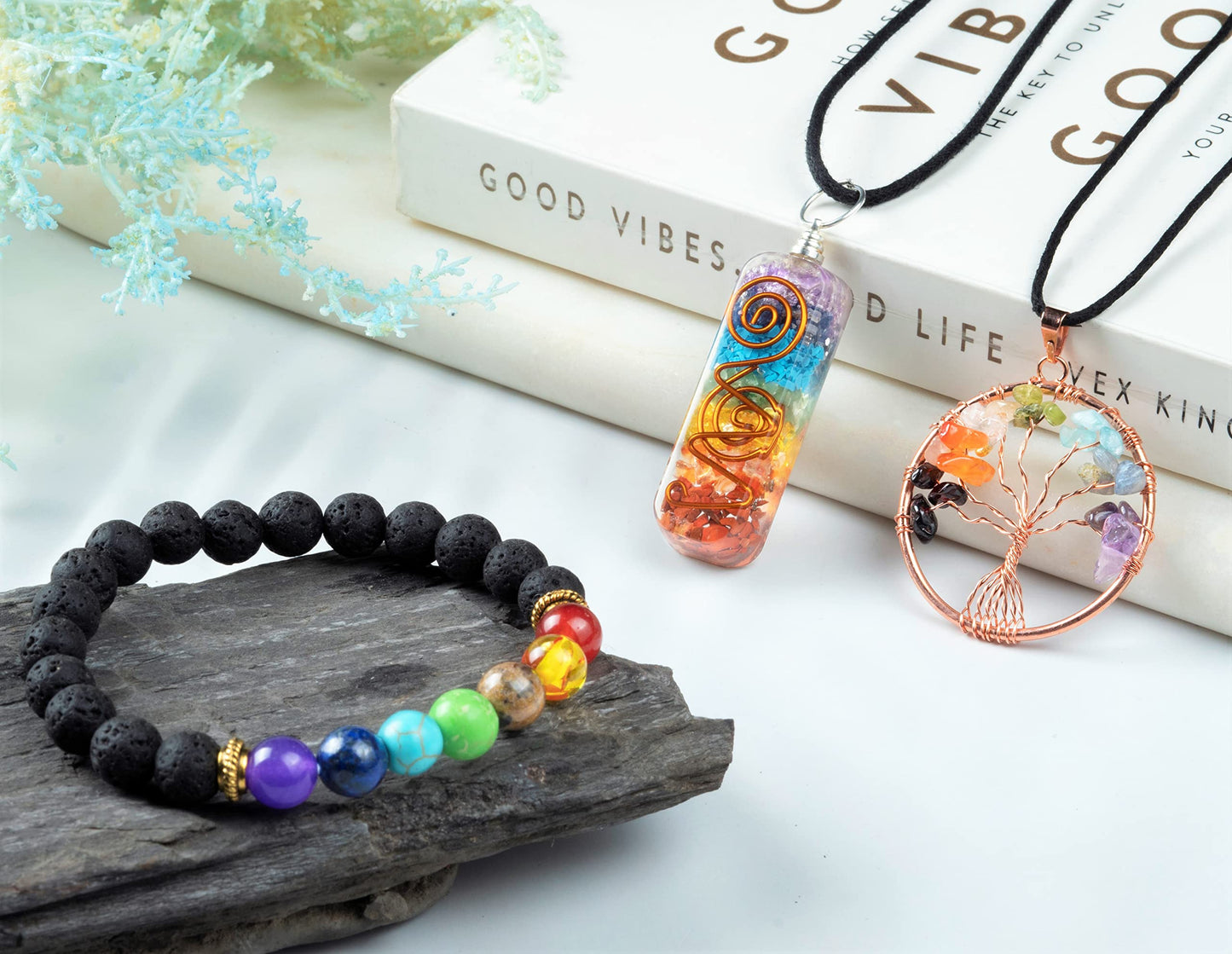 Crocon® Black Tourmaline Crystal Tree of Life with Bracelet & 2 Pendants Feng Shui Gem Tree Decor Healing Crystals Spiritual Black Gifts for Home & Room Decor Gifts for Women, Girlfriend, Her & Sister