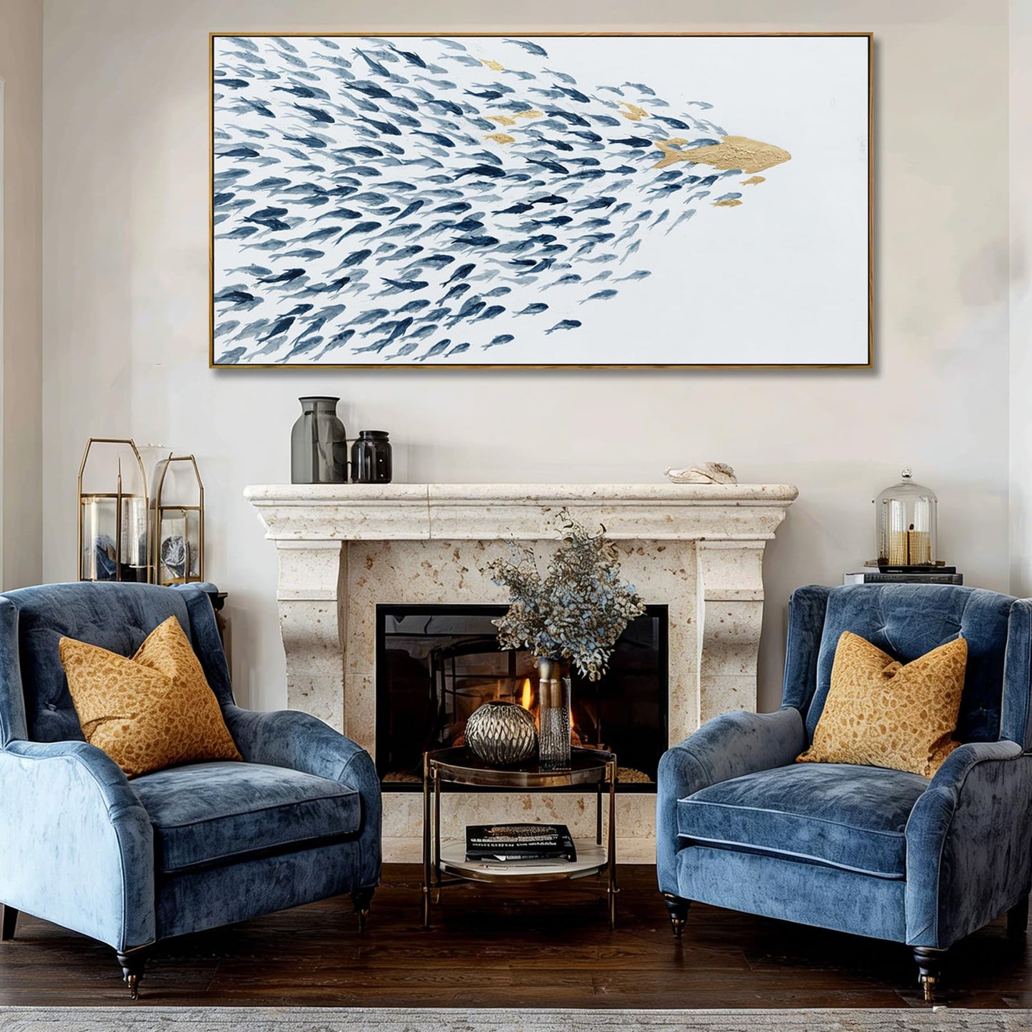 Minimalist Framed Wall Art Fish Animal Ocean Blue Gold Modern Canvas Prints 29"x58" Large Pictures Artwork for Living Room Kitchen Wall Art Decor