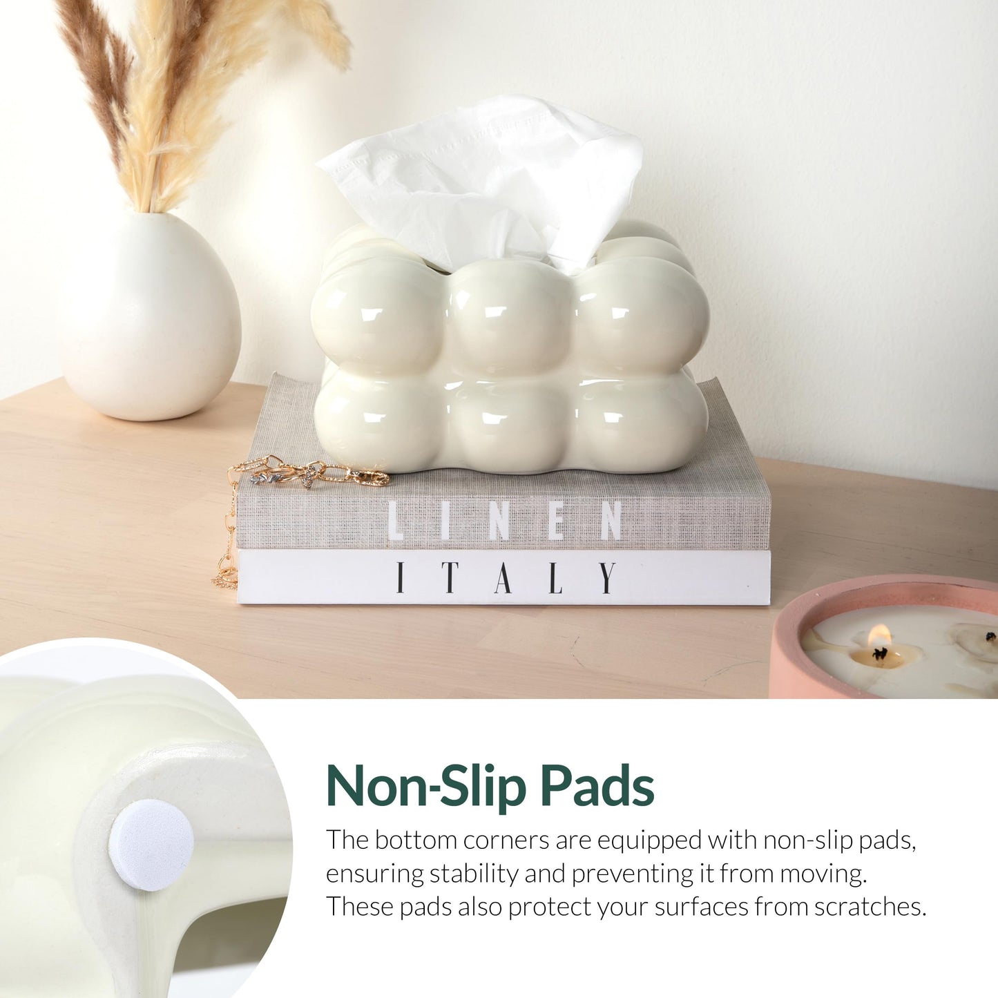 ELTOS Decorative Ceramic Tissue Paper Holder Box, Novelty, Modern Design, for Bathroom Vanity, Living Room, Bedroom Dresser, Night Stand, Kitchen Countertop, Office Desk, Home Decor, Cream