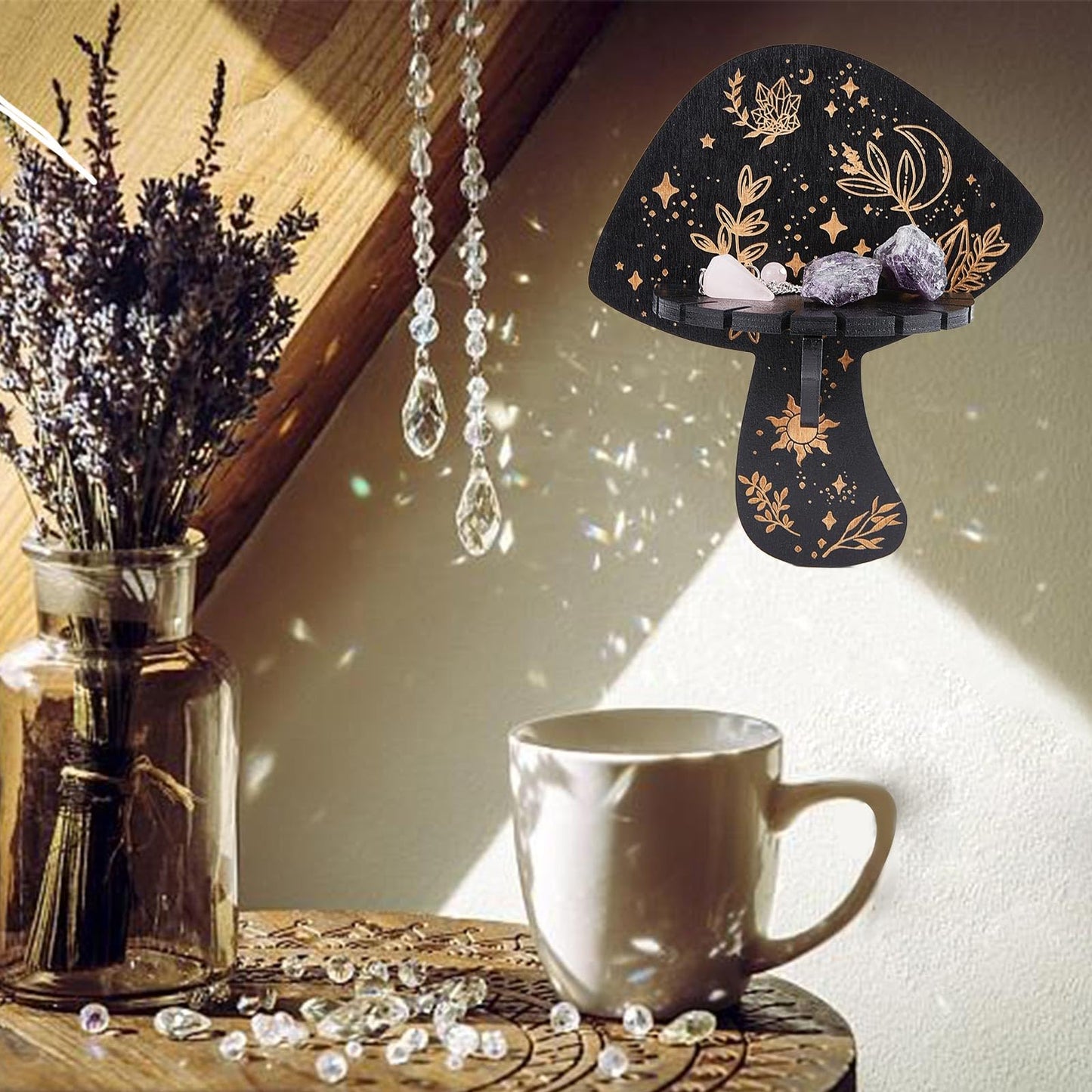 CREATCABIN Crystal Display Shelf Crystal Wall Shelves Mushroom Rustic Wooden Hand Holder Floating Shelves Witchy Stuff Storage Display for Rock Gemstones Meditation Spiritual Gift Black 7x6Inch
