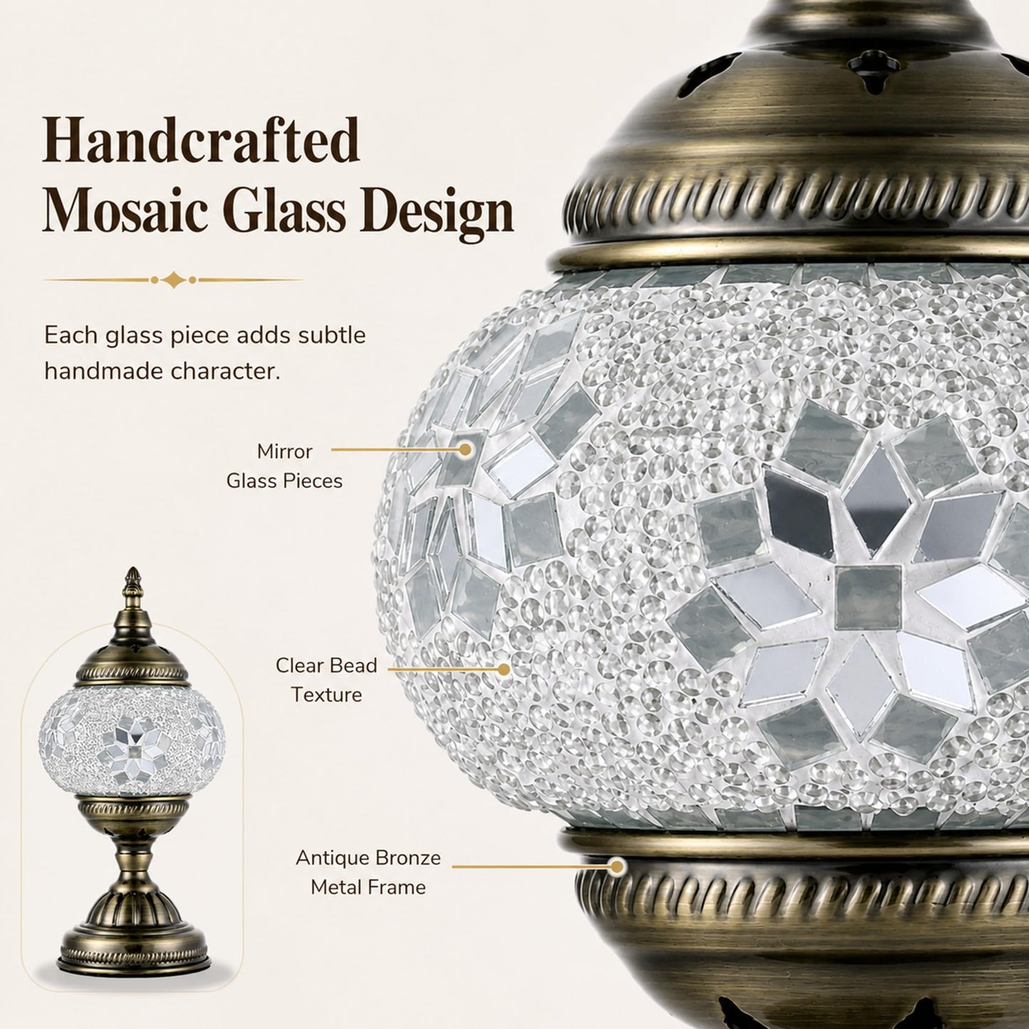 GOGERS Turkish Moroccan Table Lamp Lantern with Handmade Mosaic Glass Lampshade Tiffany Style Bohemian Stained Glass Decorative Desk Lamps Bedside Night Lights for Bedroom (White Fancy)