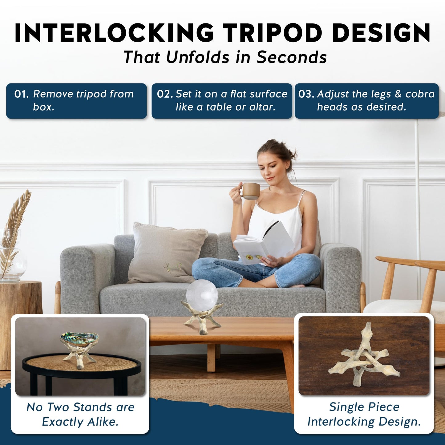 Alternative Imagination Wooden Tripod Display Stand - 6-Inch Hand Carved Holder Made from Mango Wood -Folding Natural Stand for Abalone Shell, Crystal Ball, Key Bowl,Trinket Dish, Incense,Decor & More
