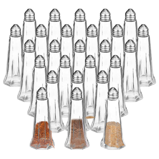 24-Pack Glass Salt and Pepper Shakers Bulk with Stainless Steel Lids Mini Funnel - 1oz Tower Spice Shakers for Kitchen, Restaurant, Home Seasoning Supplies