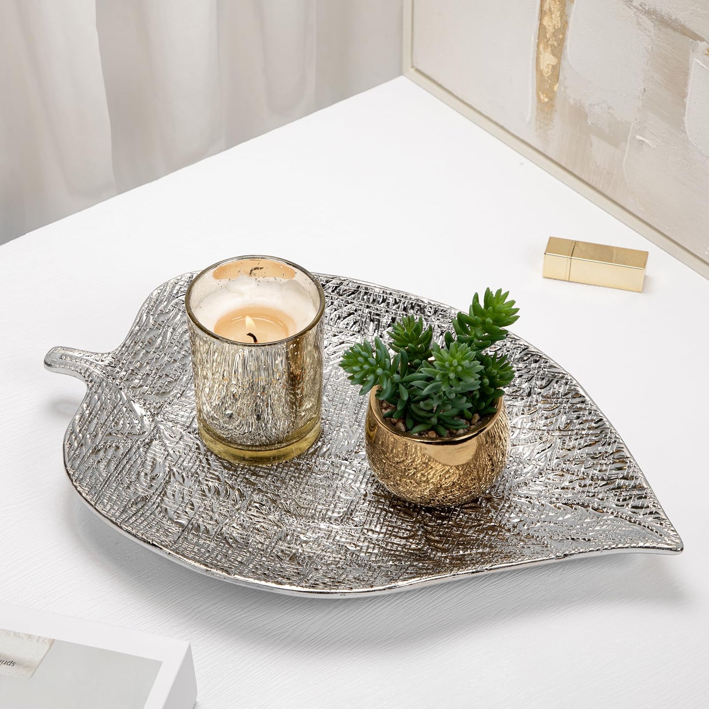Oversized Leaf-Shaped Ceramic Jewelry Tray, 14.7" Extra Large Decorative Tray Silver Vanity Trays for Rings, Necklaces, Keys, Gifts for Mom, Coffee Table & Entryway Table Trays, 1 Pack