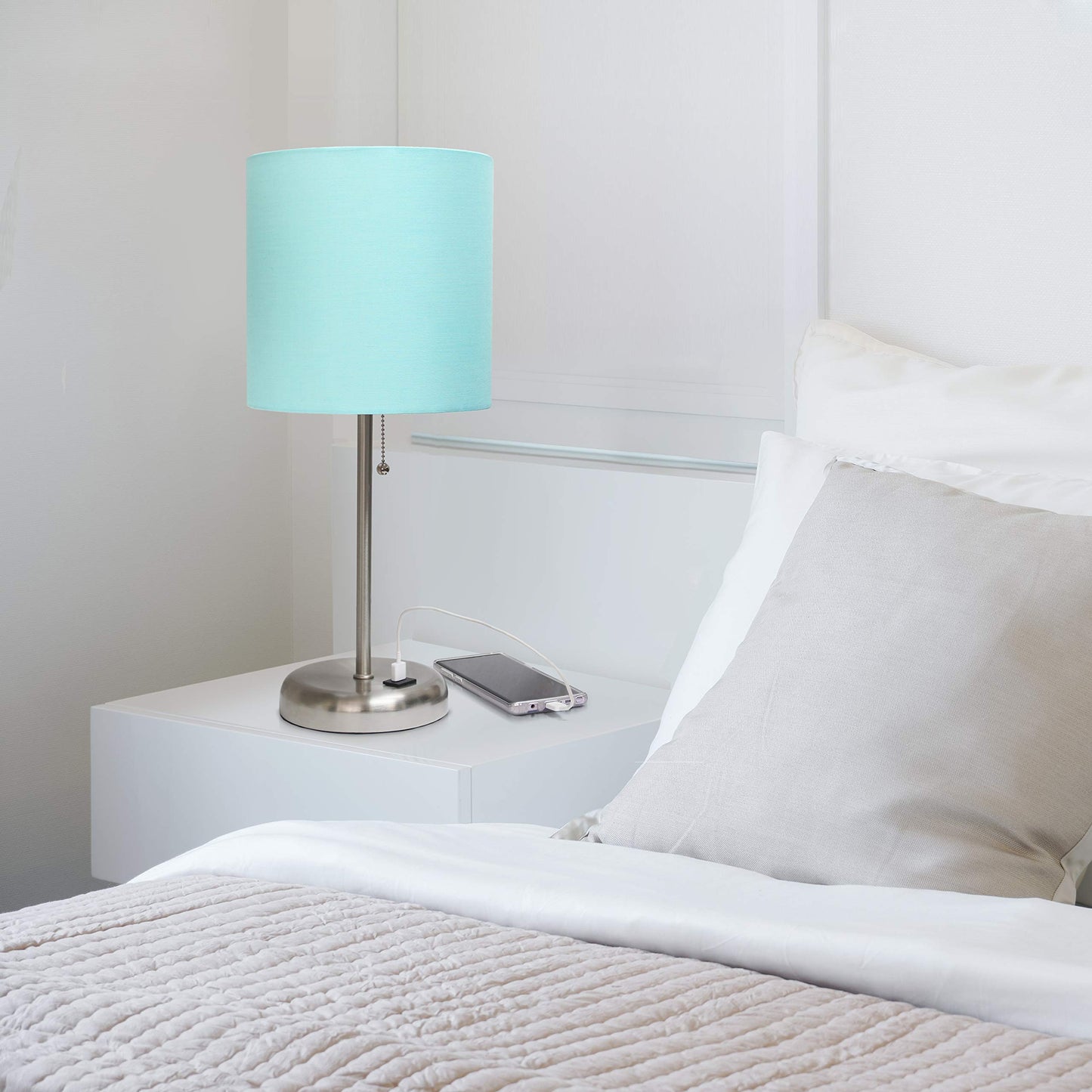 Simple Designs LT2044-AQU-LB Brushed Steel Stick Table Desk Lamp with USB Charging Port and Drum Fabric Shade for Living Room, Hallway, Nightstand, Office, Aqua Shade, with Feit LED Bulb Included