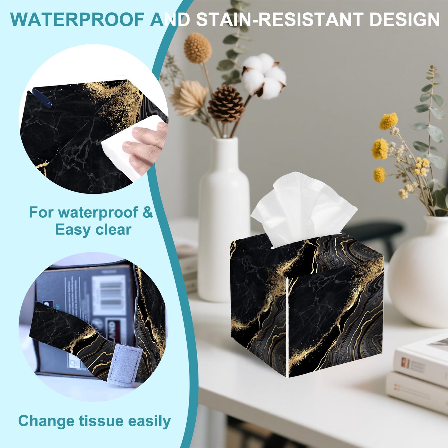 Black Golden Marble Tissue Box Cover Square,Leather Tissue Holder with Bottom Belt,Waterproof Facial Paper Organizer Tissue Box Cover for Home Office Bathroom Vanity Countertop,5.2" x 5.2" x 5.2"