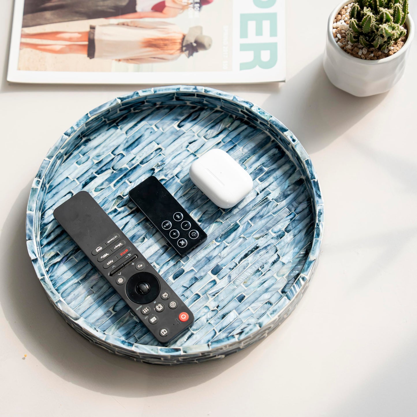 PEMAR Mother of Pearl Decorative Round Tray, 11-Inch Handmade Mosaic Inlay Vanity Tray for Dresser, Coffee Table & Bathroom Decor - Luxury Small Serving Tray for Jewelry, Perfume & Candles (Dark Blue)