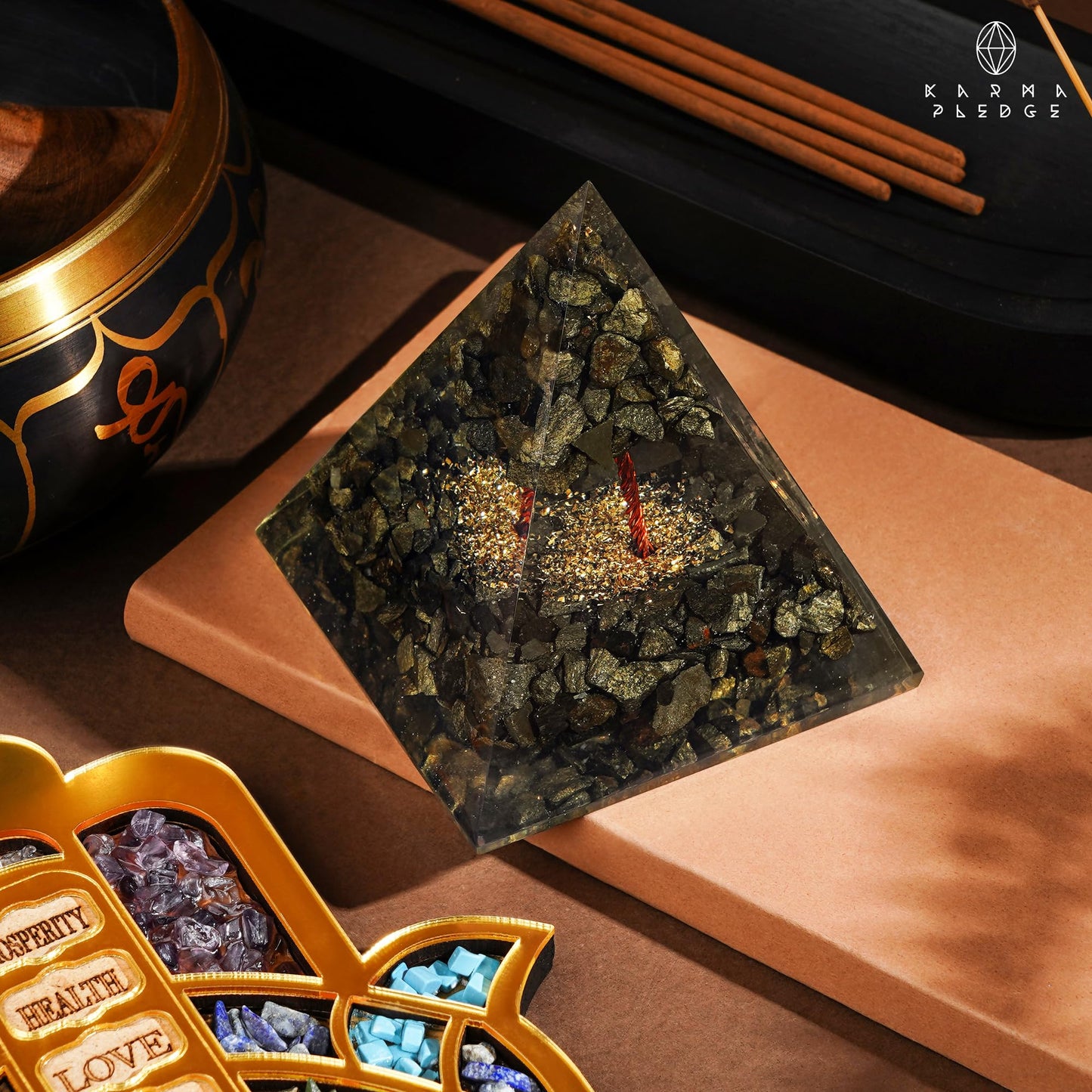 Chakra Healing Crystal Pyramid, Unique Birthday Gifts for Womens, Mom, Love One, Pyrite Tree of Life Orgonite Orgone Pyramid for Meditation, Balance, Positive Energy, Success, Office Décor