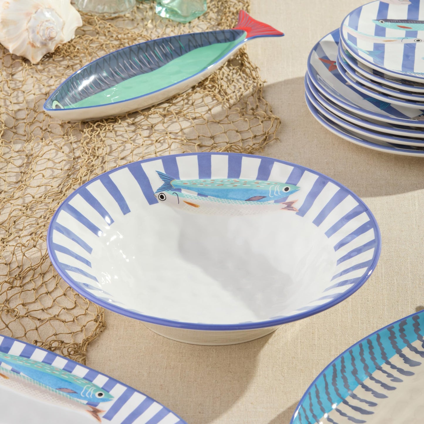 Something Fishy Ceramic SERVING BOWL 13 x 3 Inches, coastal striped bowl with colorful fish art, ideal for salads, pasta, seafood sides, summer hosting, beach homes, and vibrant nautical table