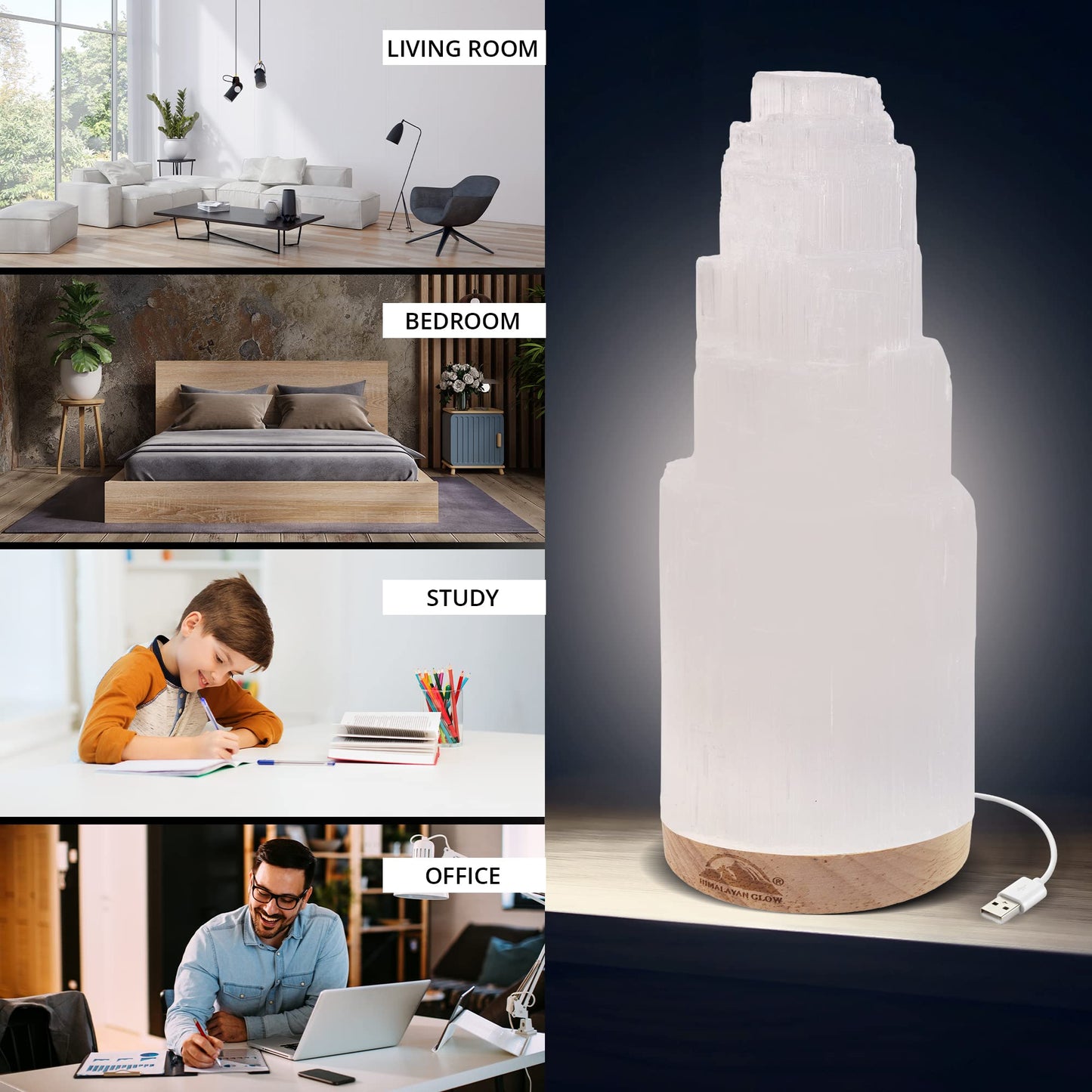 Himalayan Glow Crystal Lamp Authentic Handmade Moroccan Selenite with Wooden Base & USB Cable (ETL Certified), Ideal Gift Choice, 20cm, White