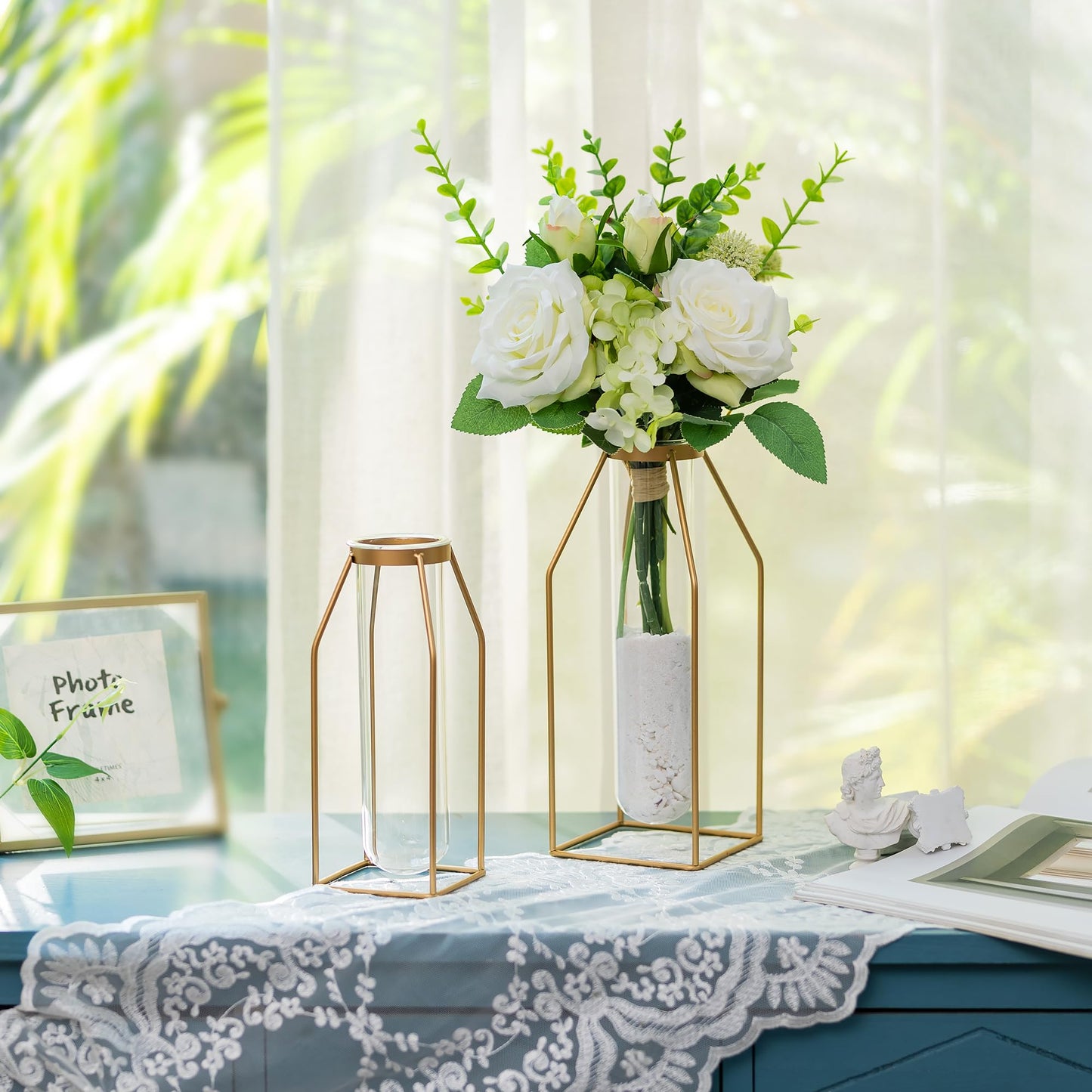Sziqiqi Metal Flower Vase Table Decor - Gold Frame Vase with Glass Test Tubes 8"/10" Modern Bud Vase for Coffee Table Living Room Abstract Geometric Art Vase for Rose Hydroponic Plant Pampas