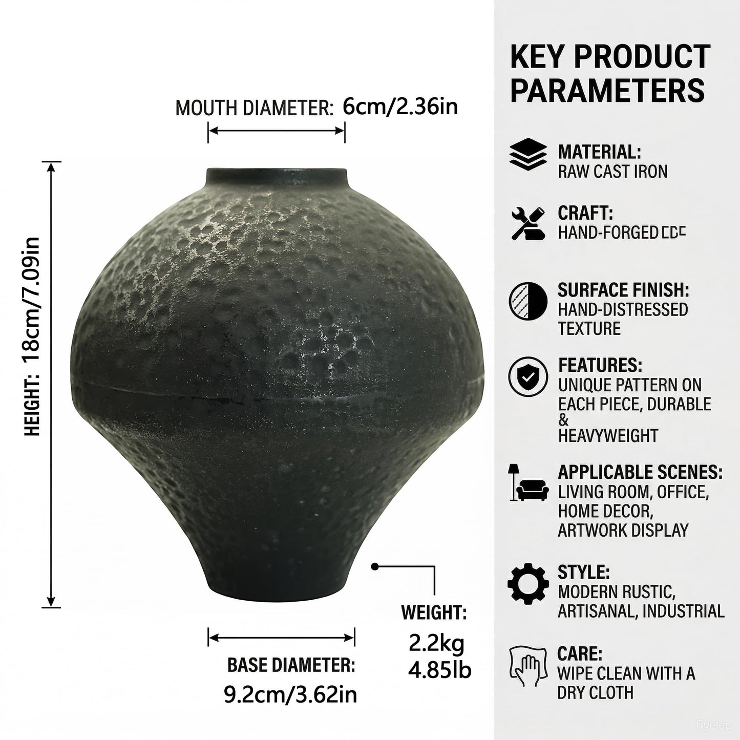 SECHUDO Unique Handmade Cast Iron Vase for Dried Flowers or Pampas Grass, Heavy and Durable Wabi Sabi Vases, Matte Black Vase for Modern, Rustic and Farmhouse Decor (Matte Black, 7" W×7" H)