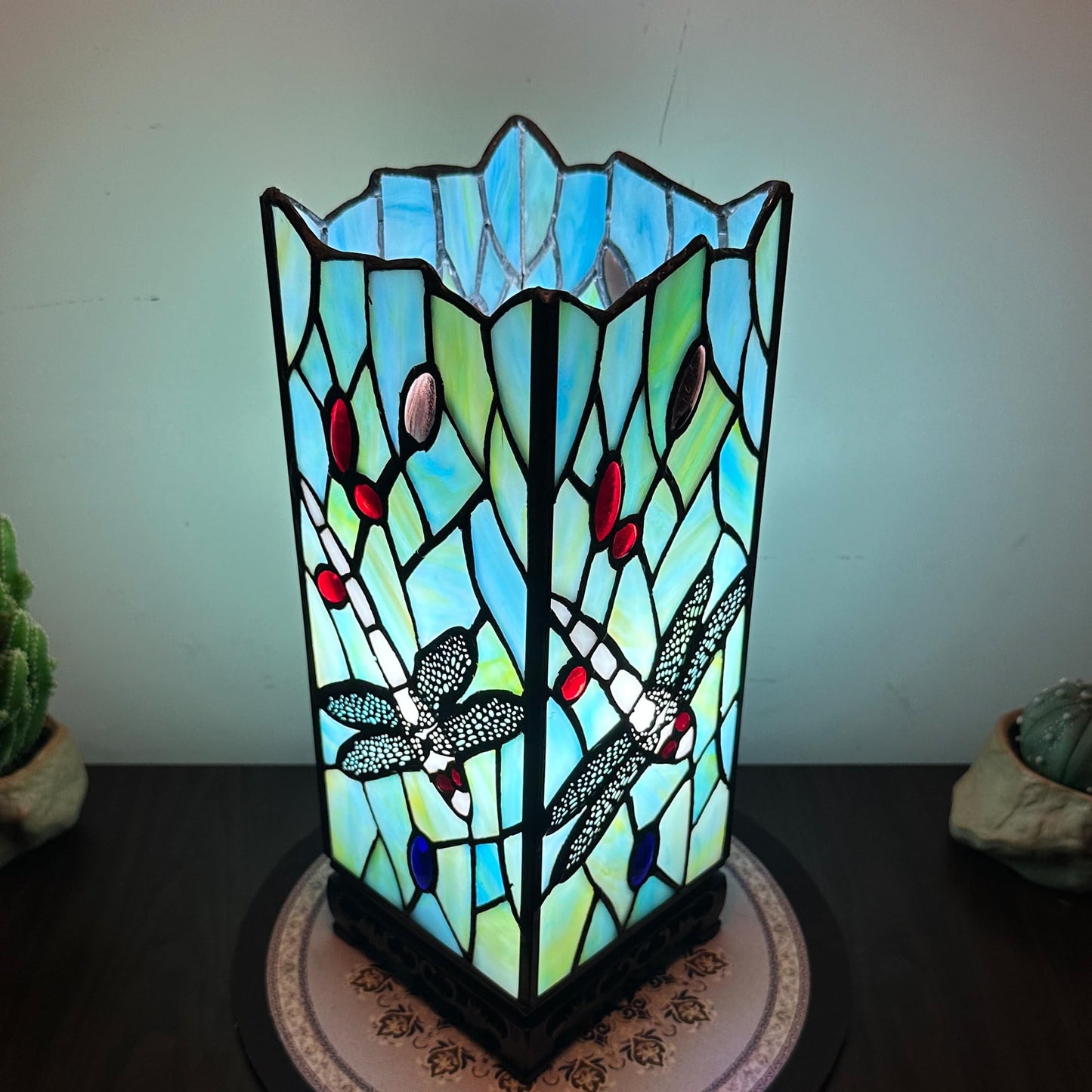 ZYLINX Small Tiffany Lamp Sea Blue Dragonfly Style Stained Glass Table lamp