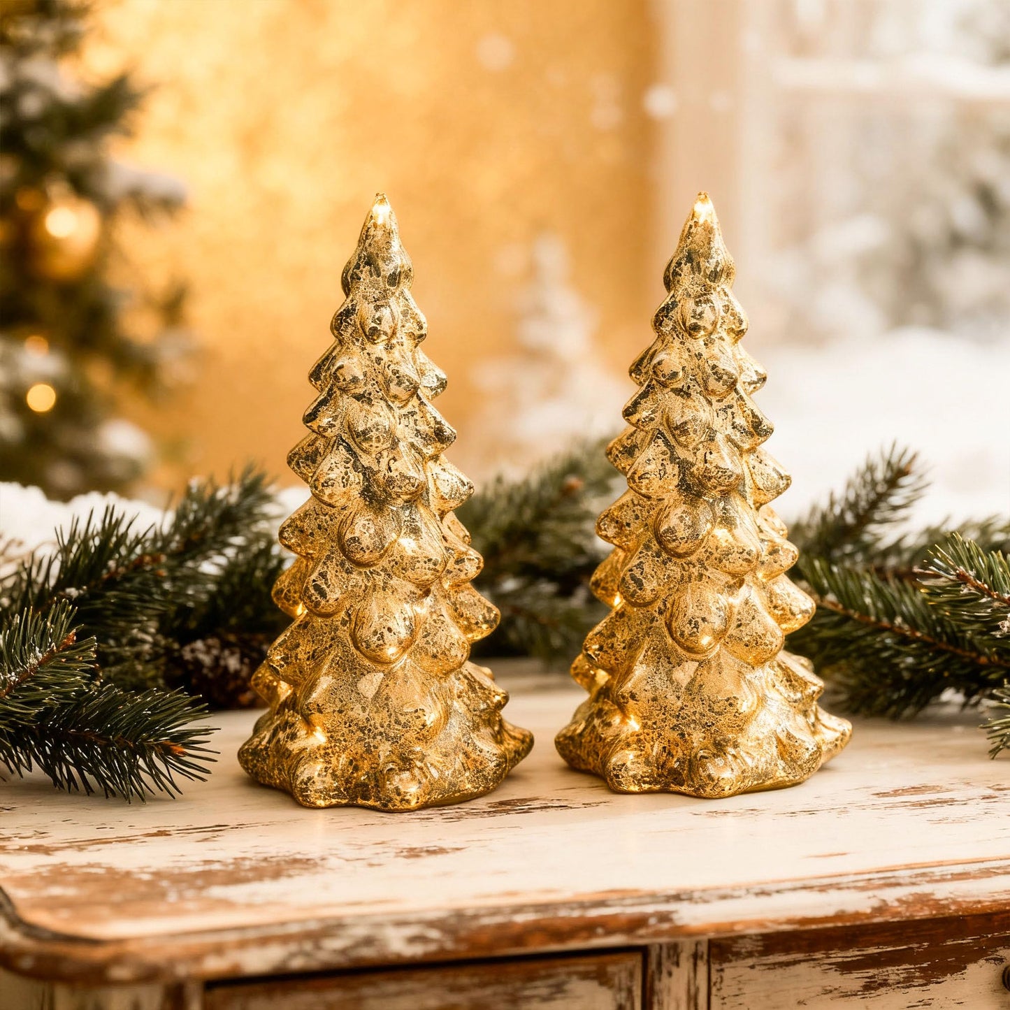 vskikris Set of 2 Mercury Glass Christmas Tree Set Gold Glass Christmas Trees Collectible Figurines with Led Indoor Table Centerpiece Decorations Mantel Gift