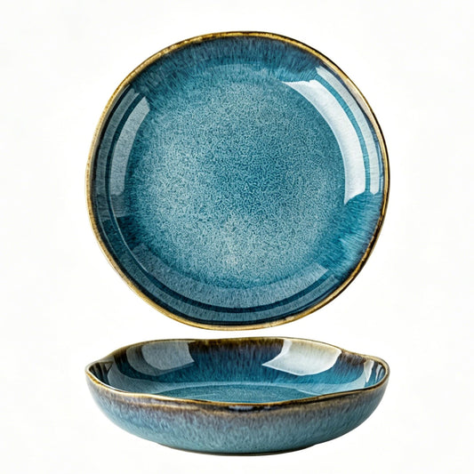 suruim Ceramic Decorative Bowl, Decorative Ceramic Bowl Tray with Reactive Glaze, Shallow Centerpiece Accent for Home Decor Table Shelf Mantel Entryway Display(Blue | M)