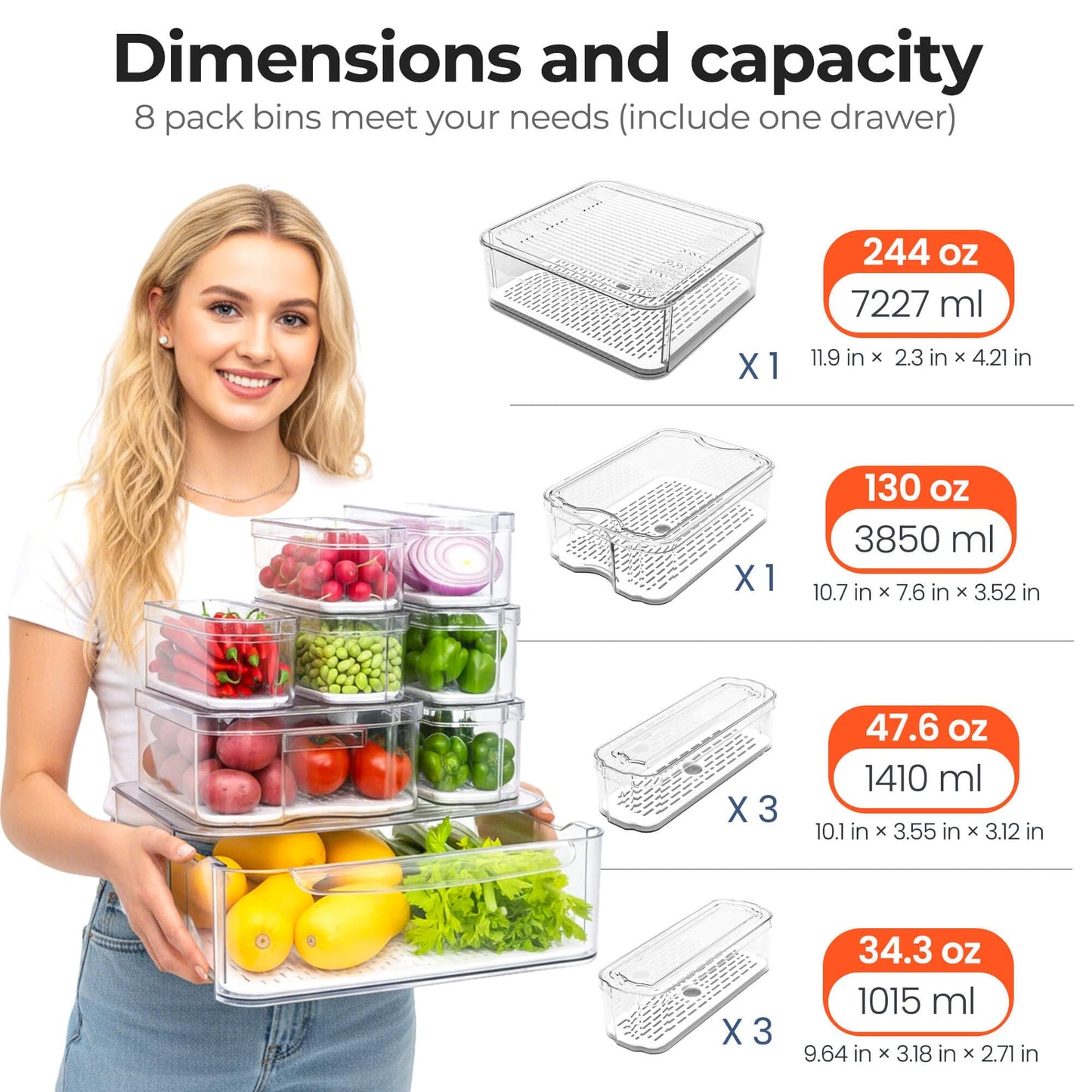 SMRCAD Refrigerator Organizers and Storage, 8 Pack with 1 Pull-Out Drawer and 7 Lidded Bins, Fruit Storage Containers for Fridge with Drain Trays, Helps Keep Produce Fresh